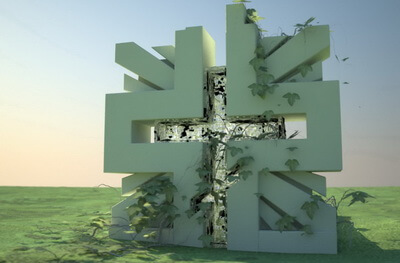Разделённое стеклянной фигурой креста массивное мраморное надгробье
